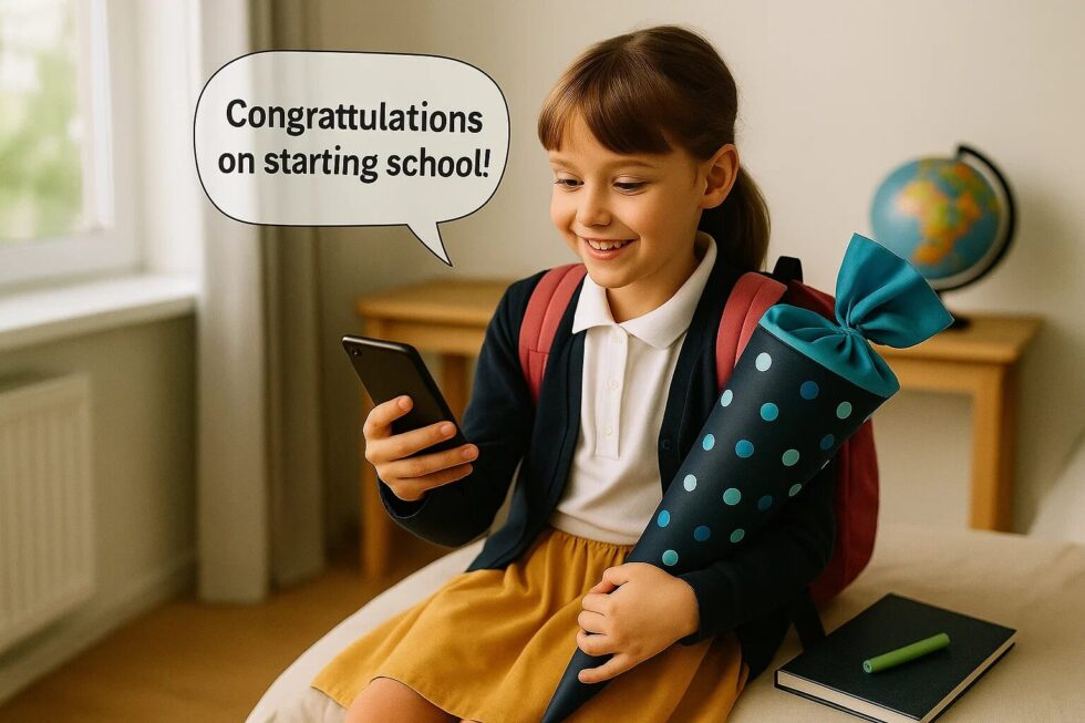 Back to school in Germany: WhatsApp greetings, Schultüte cones, and Einschulung ceremonies mark September 1. Learn about messages, regional differences, and family customs.