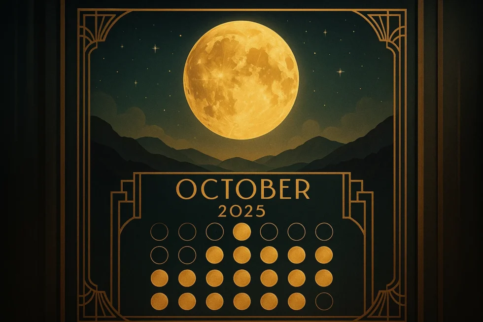 Moon calendar October 2025 with phases, full moon, new moon, zodiac signs and lucky days. Discover how lunar cycles influence emotions, health and planning.